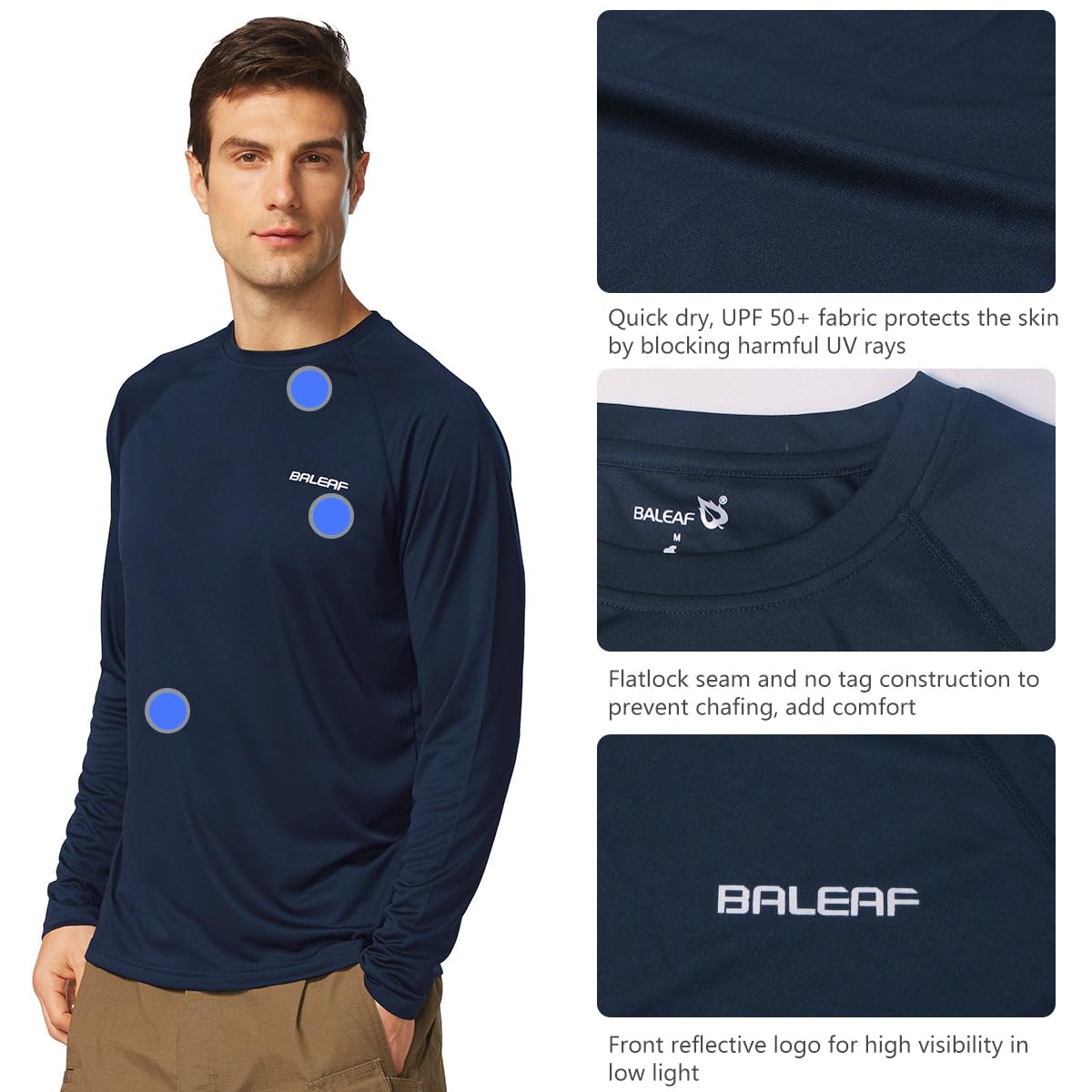 baleaf Mens UPF 50+ Sun Protection Shirts Long Sleeve Rash Guard, Quick Dry 4-Way Stretch for Fishing Swimming Surfing 01-Dark Blue M