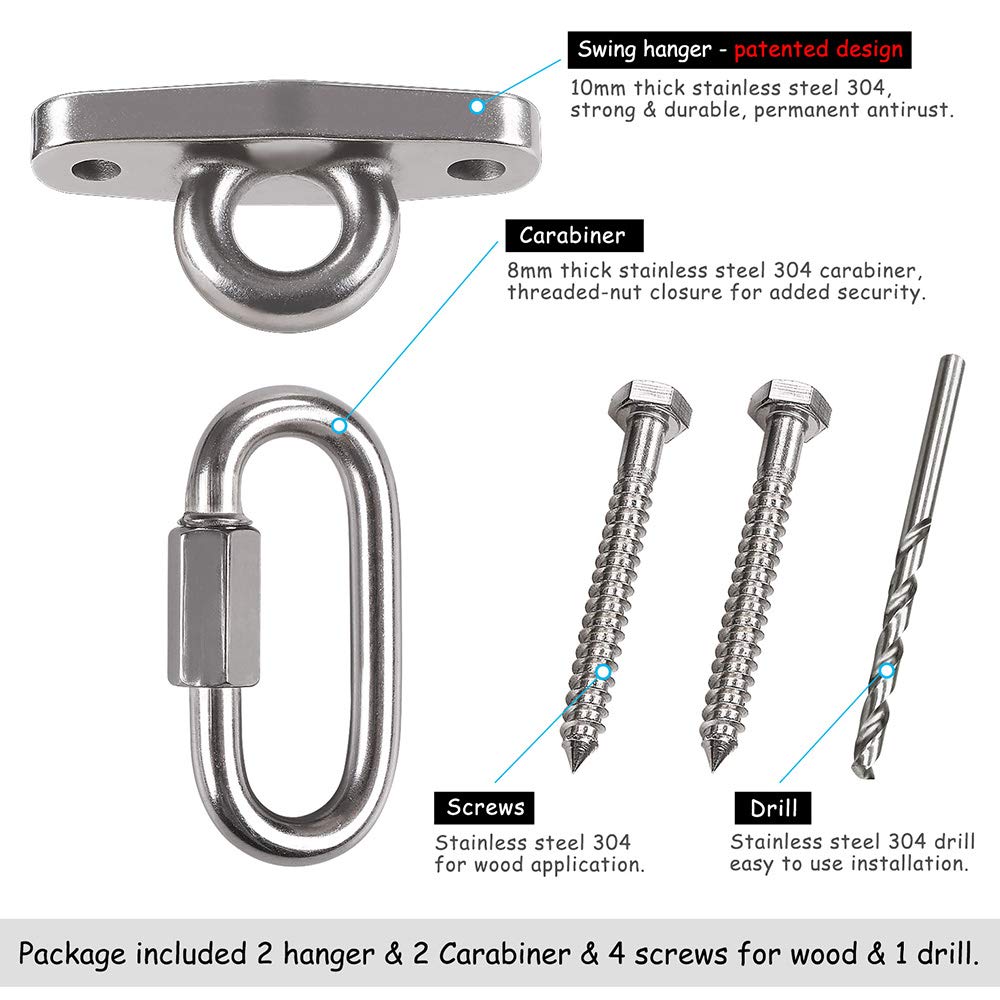 Dakzhou Of2 Heavy Swing Hangers Stainless Steel 304 Rust-Proof Playground Porch Yoga seat Hanger Swing Hammock Chair Suspension kit Indoor and Outdoor 2000 pounds Capacity 2 carabiners