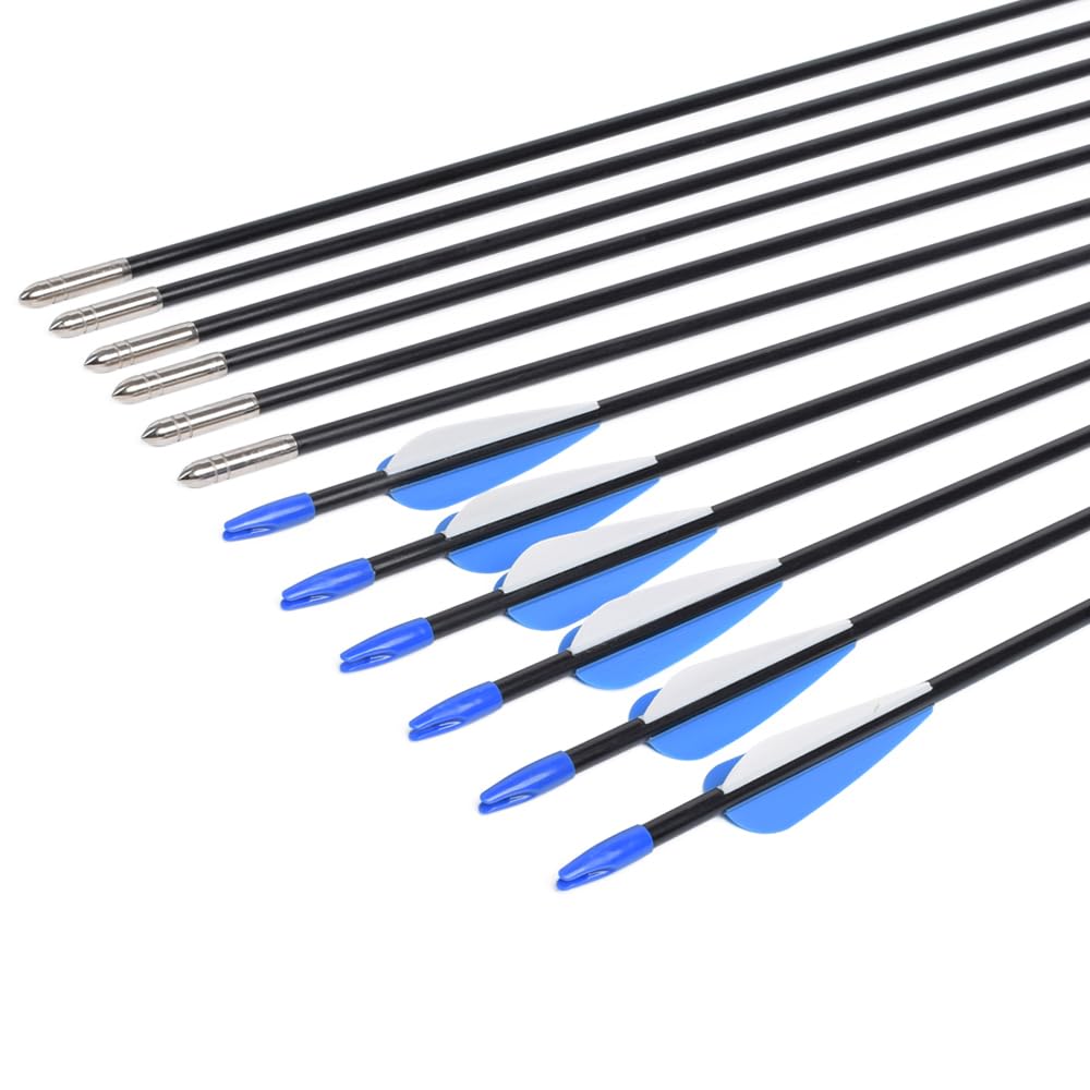 Fiberglass Arrows Archery 28 Inch Target Shooting Practice Safetyglass with Blue and White Vane for Recurve Bows Suitable for Youth Woman Beginner 6 PCS