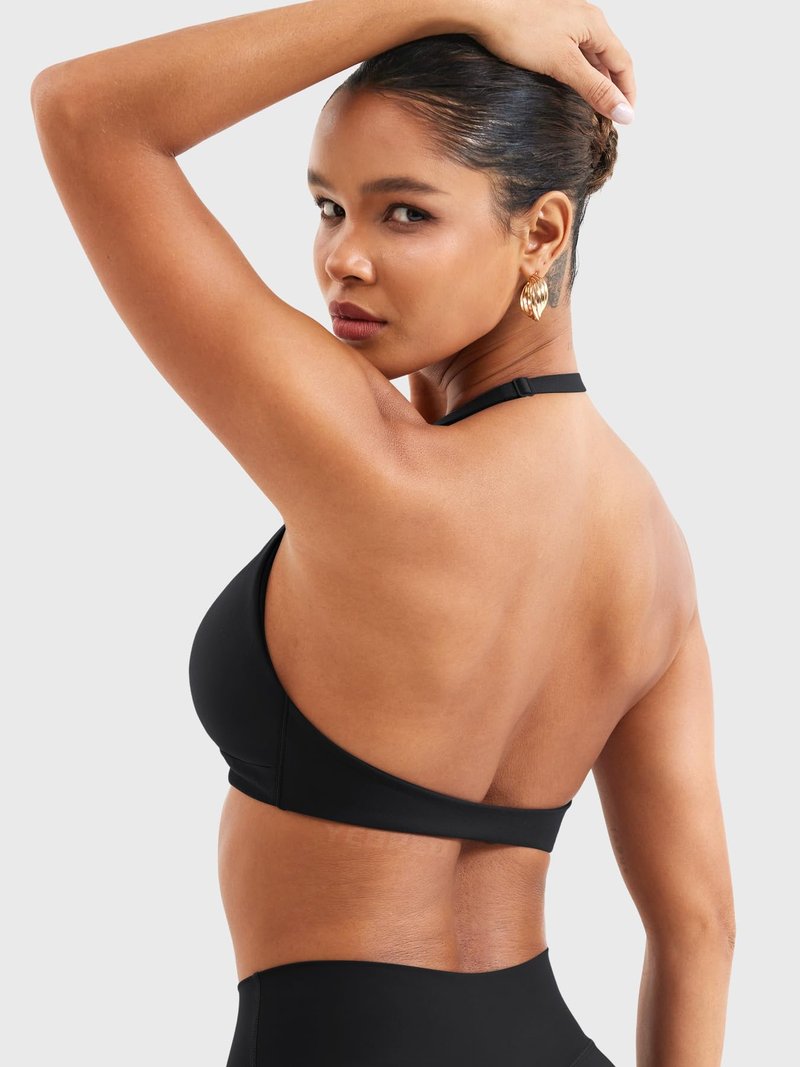 YEOREO Halter Sports Bras for Women Low Impact Removable Padded Adgustable Front Twist Deep V Bra Seamless Workout Gym Crop Tops Black M
