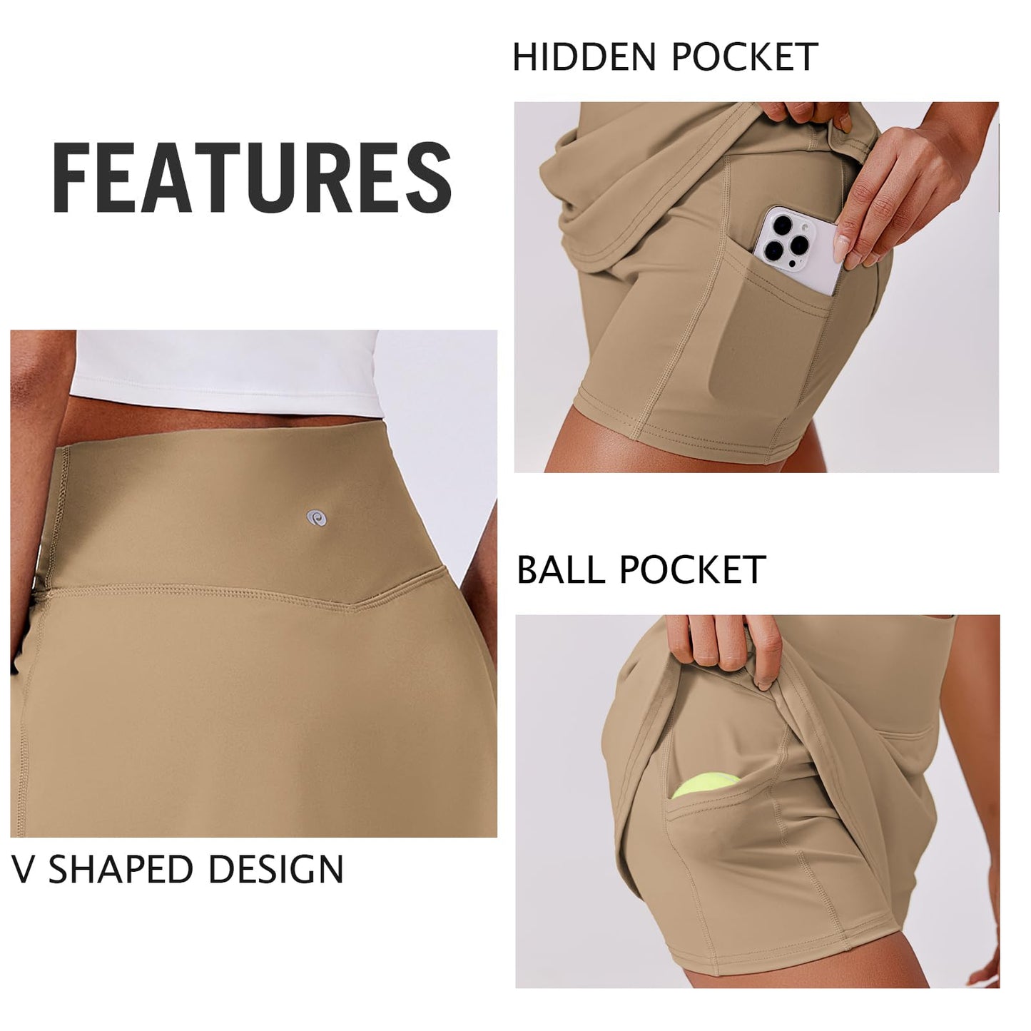 PINSPARK Tennis Skirts for Women V Waisted Golf Skorts Lightweight Athletic Skirt Stretchy Workout Skort with Pockets, Khaki XS