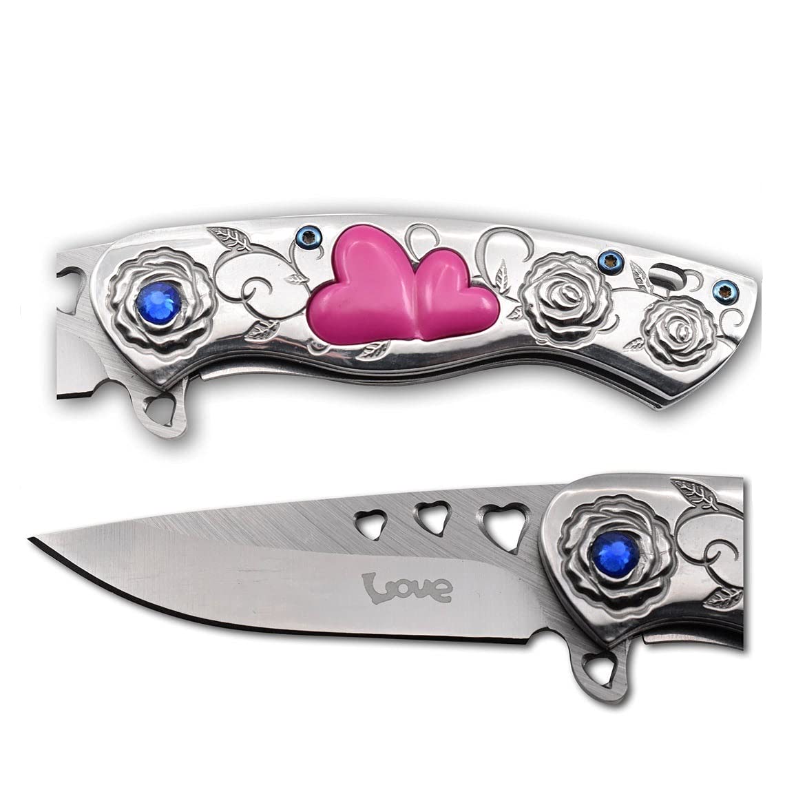 Snake Eye Tactical 7" Cupid Heart Ladies Valentines day Pocket Knife with LOVE Pocket Clip Included (Silver)