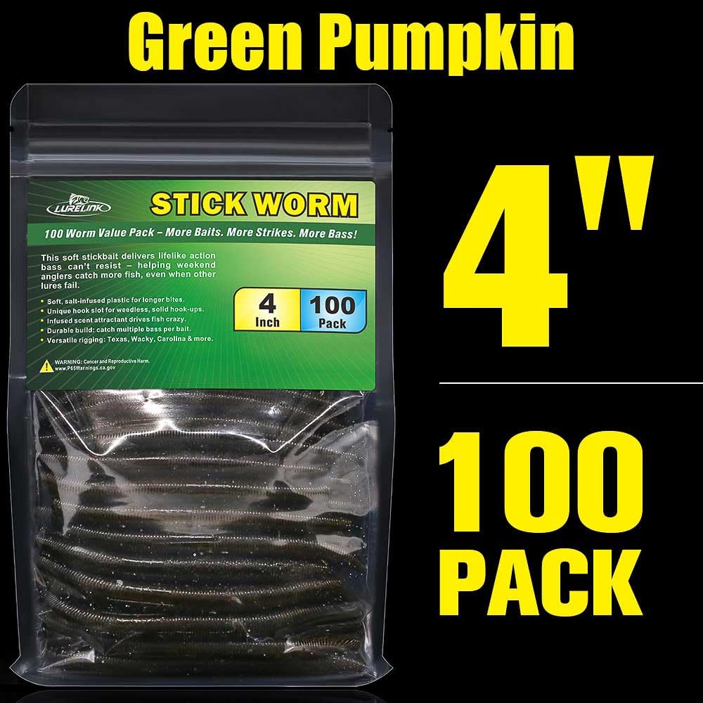 Wacky Worms Soft Plastic for Bass Fishing Lures–100 Pack 4" & 5" Stick Baits Wacky, Texas, Neko & Drop Shot Rigs–Bulk Soft Lure (2-Green Pumpkin w/Black Flake, 4")
