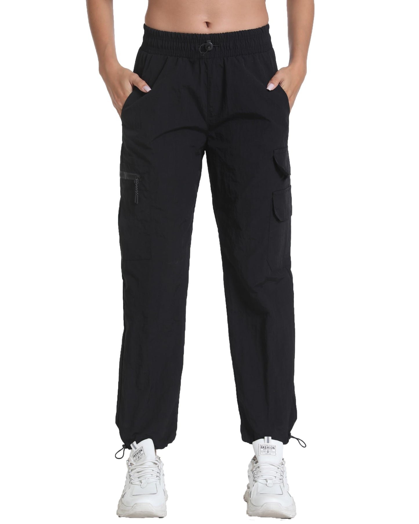 Yoglegins Women's Lightweight Hiking Joggers with Pockets - Water Resistant Cargo Pants for Outdoor Workouts Camping (Black Straight, Medium)