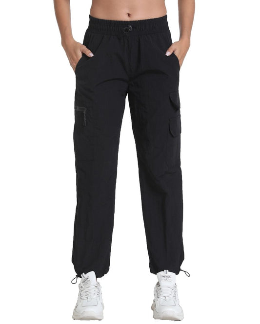 Yoglegins Women's Lightweight Hiking Joggers with Pockets - Water Resistant Cargo Pants for Outdoor Workouts Camping (Black Straight, Medium)