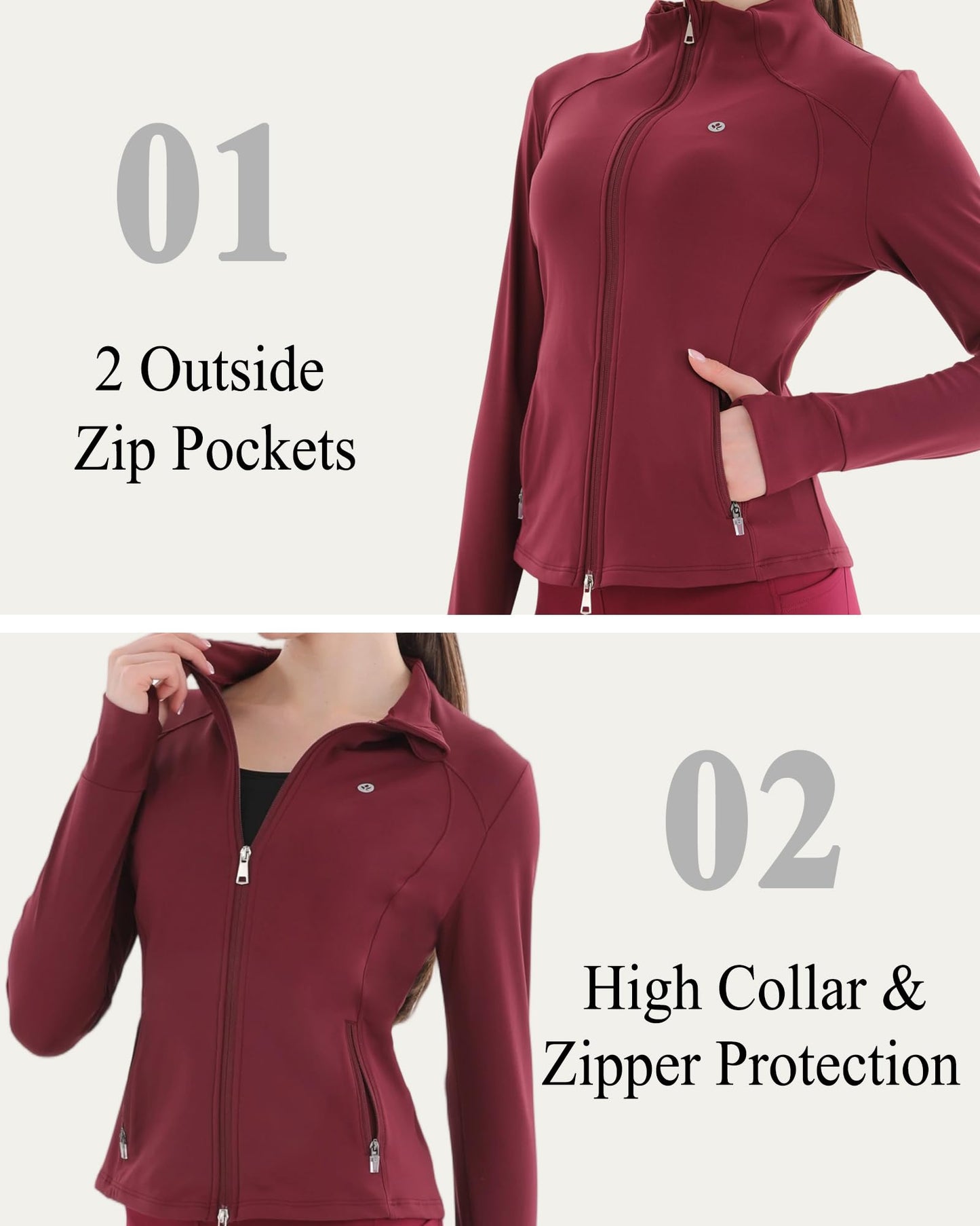 Pobodo, Women's, Thermal, Fleece Lined, Slim Fit, Winter Running, Warm Stand Collar, Yoga Track Top, 2-Way Zip, 4 Pockets