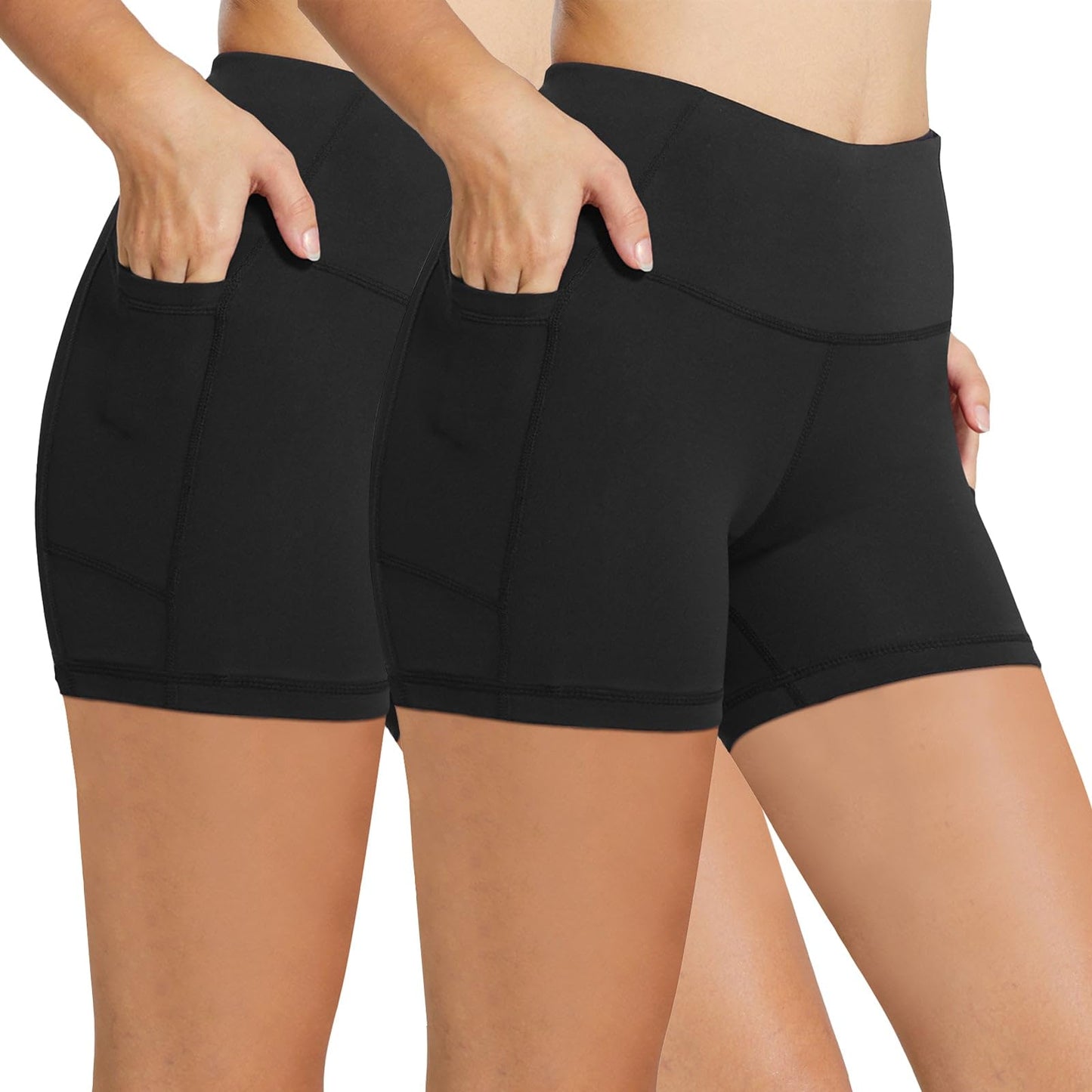 baleaf Biker Shorts Women Yoga Gym Workout Spandex Running Volleyball Tummy Control Compression with Pockets 5" 2-Pack Black/Black XXL