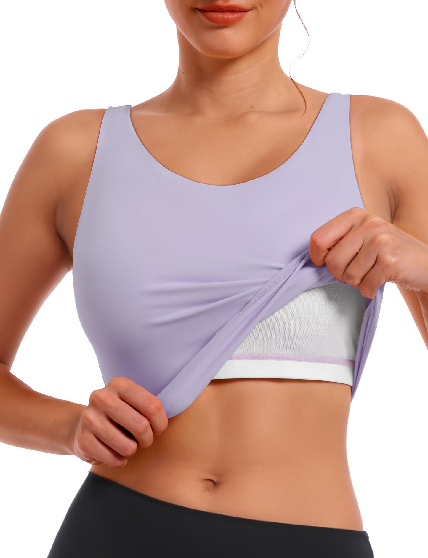YHOZUM Sports Bras for Women with Support, High Neck Double Lined Padded Crop Tank Tops, Workout Push Up Compression Bralettes with Built Seamless, Cute Pull Over Gym Athletic Bras Molded Cup Purple