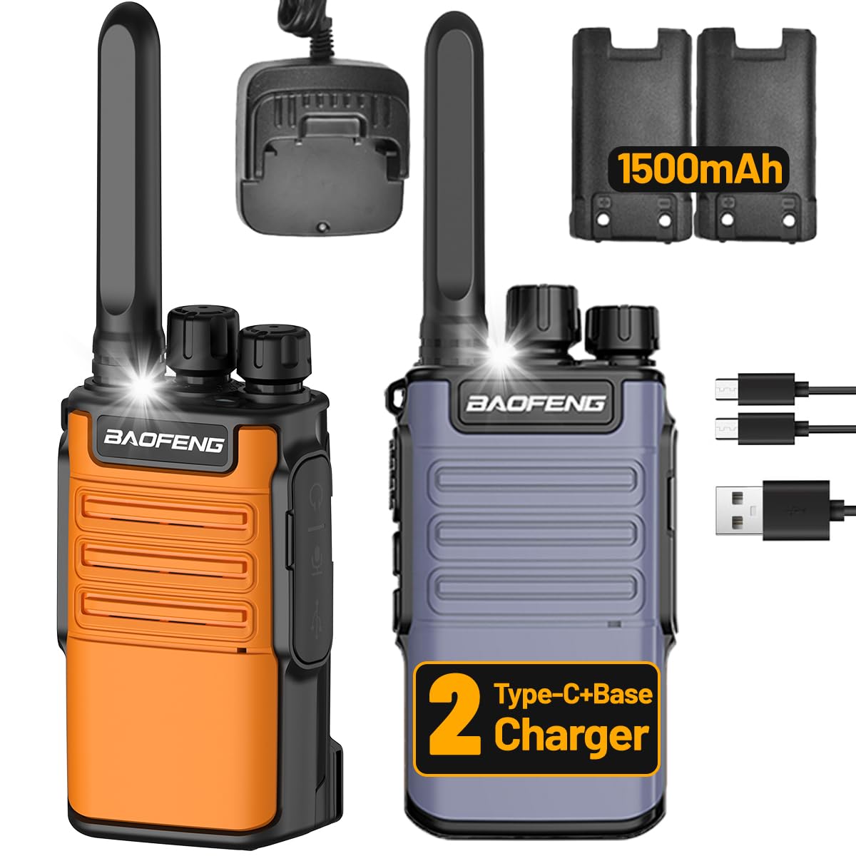 Walkie Talkies Long Range for Adults,FRS Radio Rechargeable Walkie Talkie Baofeng BF-V8 Waki Taki Walkie-Talkie,1500mAh,Flashlight,Type-C Charger Walky Talky for Hiking Camping Cruise(2 Pack)