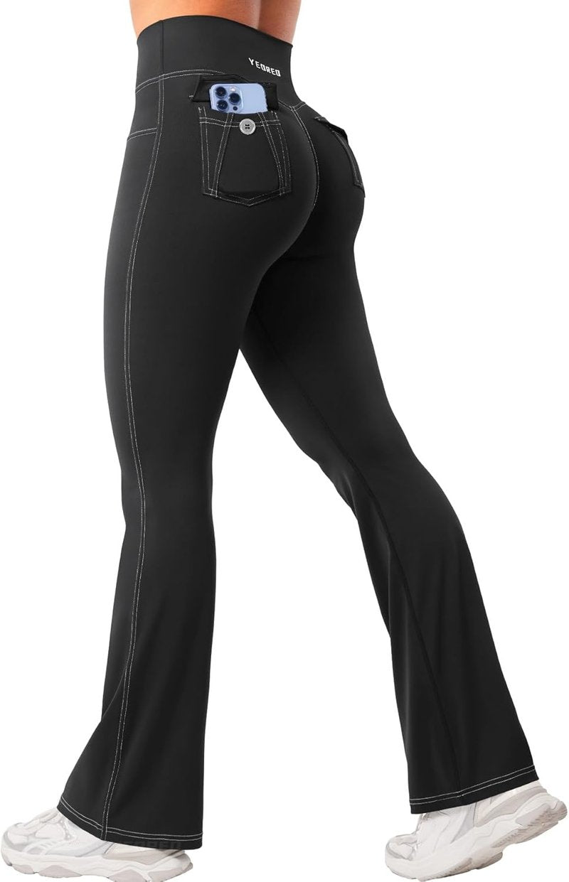 CoreFlex Women’s Workout Mini Flare Leggings - Hidden Pockets & Denim Look | Casual Gym Yoga Pants