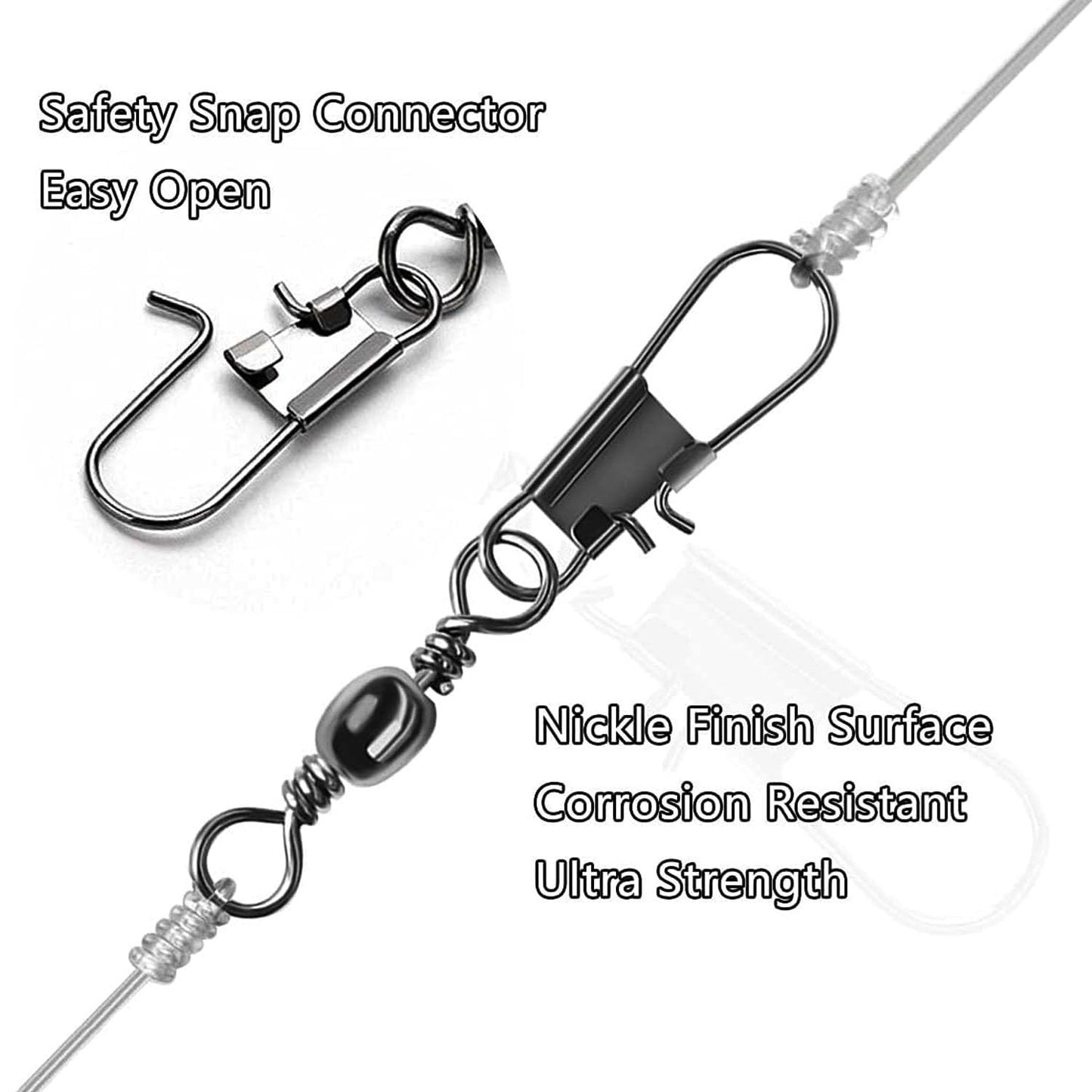 ENERHIKE Fishing Barrel Swivel with Safety Sanp, 50pcs Stainless Steel Fishing Snap Swivel Saltwater High Strength Interlock Sanp Swivel Freshwater Lure Line Connector #1/0
