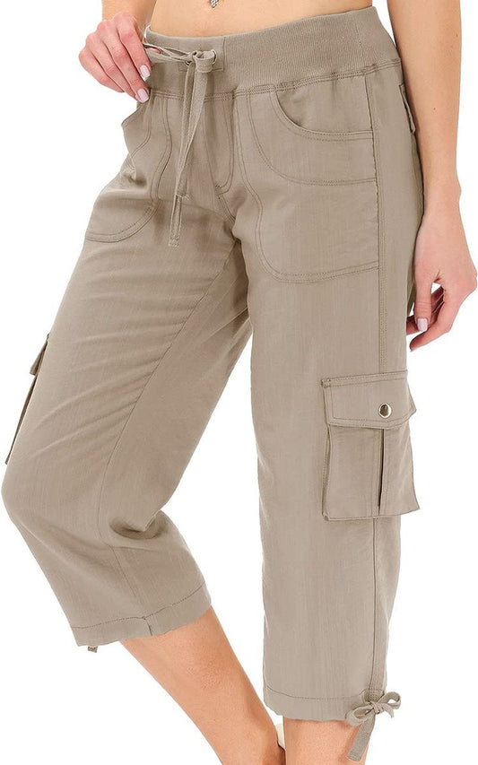 MoFiz Womens Capris with Pockets Loose Fit Casual Capri Pants Dressy Lightweight Ladies Baggy Cargo Pants for Hiking Khaki 4XL