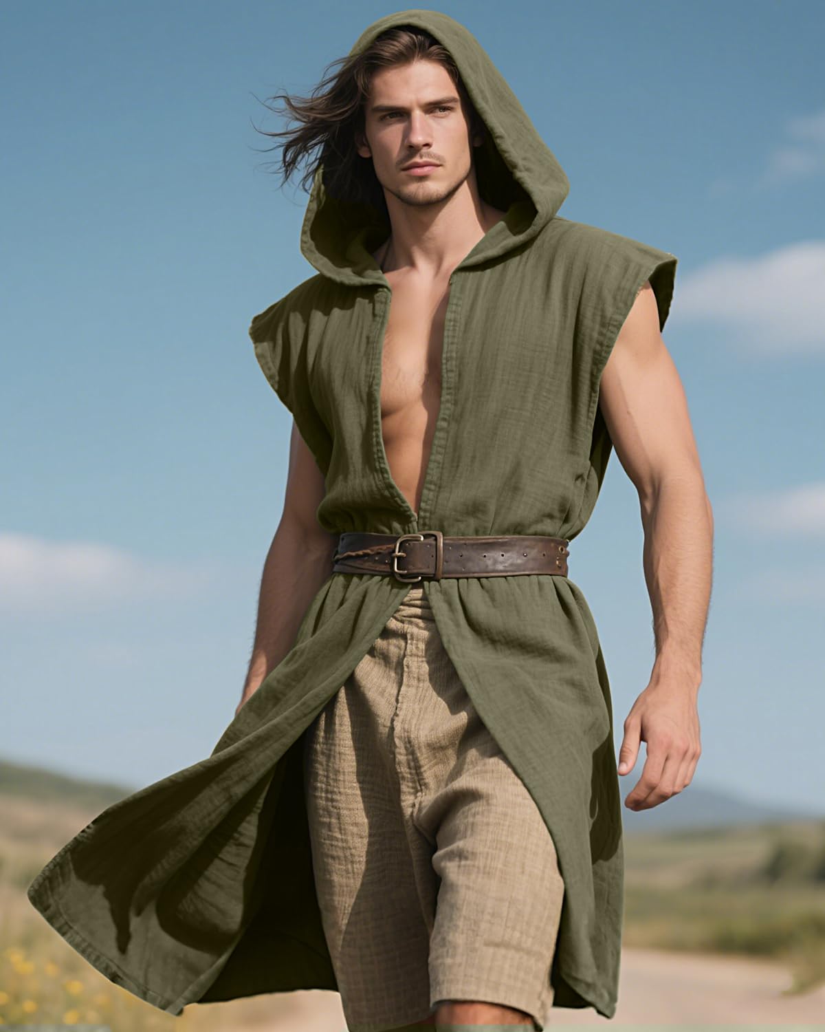 Medieval Sleeveless Hooded Surcoat Renaissance Assassin Costume (Green, L)