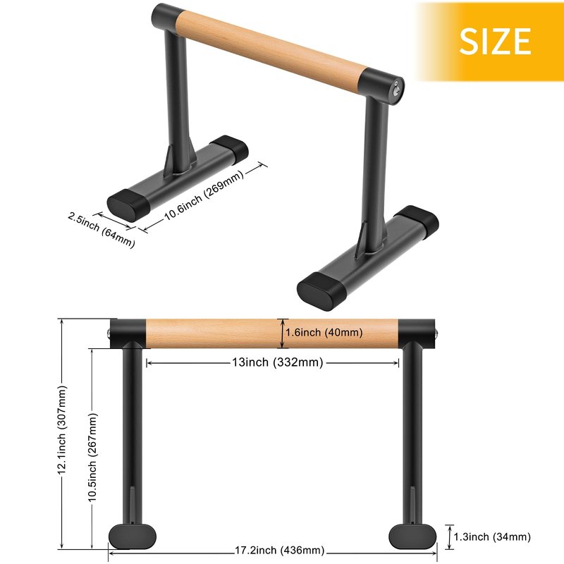 Kipika Parallette Bars for Calisthenics - Push Up & Dip Bar with Wood Handles, Rock-Free Support for Handstand, L-Sit & Home Strength Training, 600LB Capacity, 12" Height (Wood)