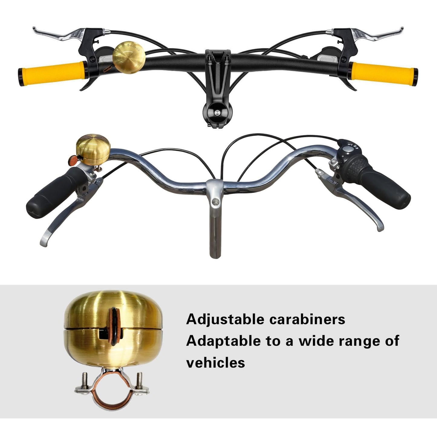 Sunviil Bicycle Bell is Made of Brass and emits a Clear resonant Sound. a Double Echo Ring with Leather Lining and dial. Suitable for City Bicycles ranging from 22.2-31.8mm
