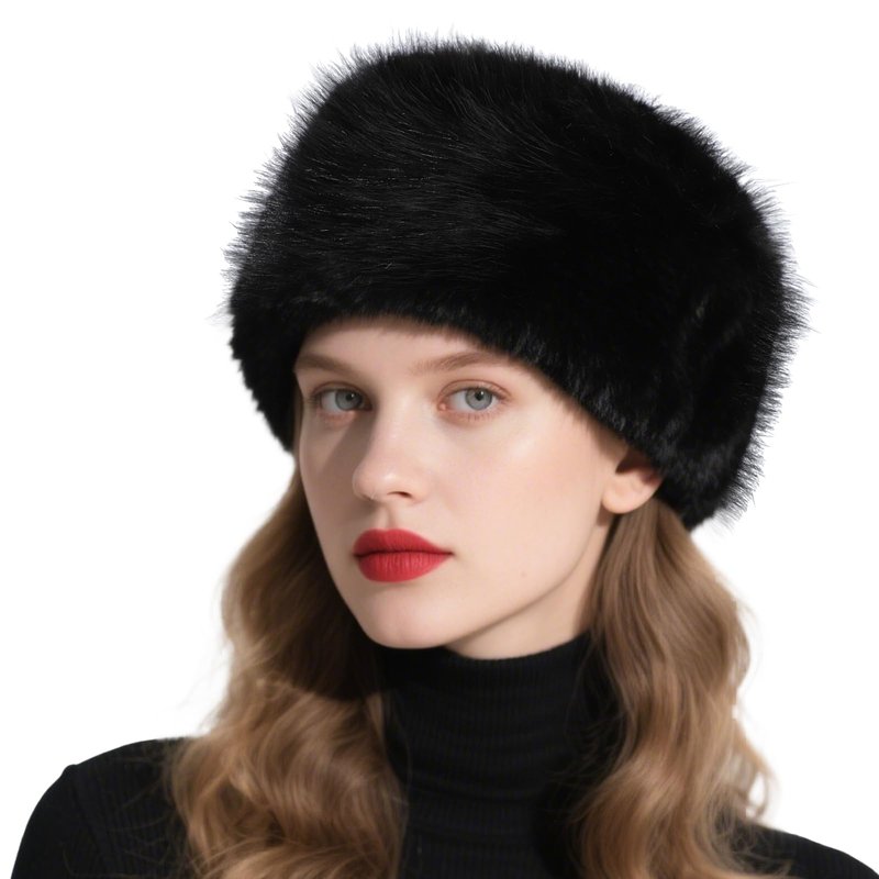 Lanpet Women's Winter Hat Faux Fur Furry Hat for Cold Weather Cossak Russian Style Warm Fluffy Cap Black