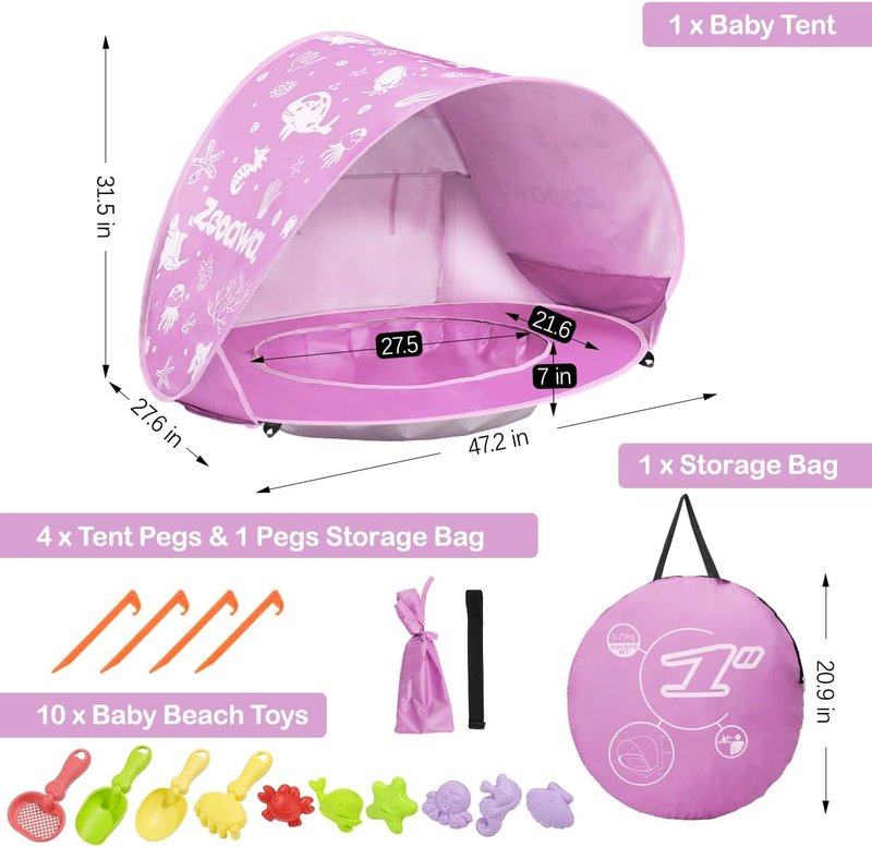 Baby Beach Tent - Pop Up Sun Shade for Infants | Portable UV Protection with Sand Toys Set