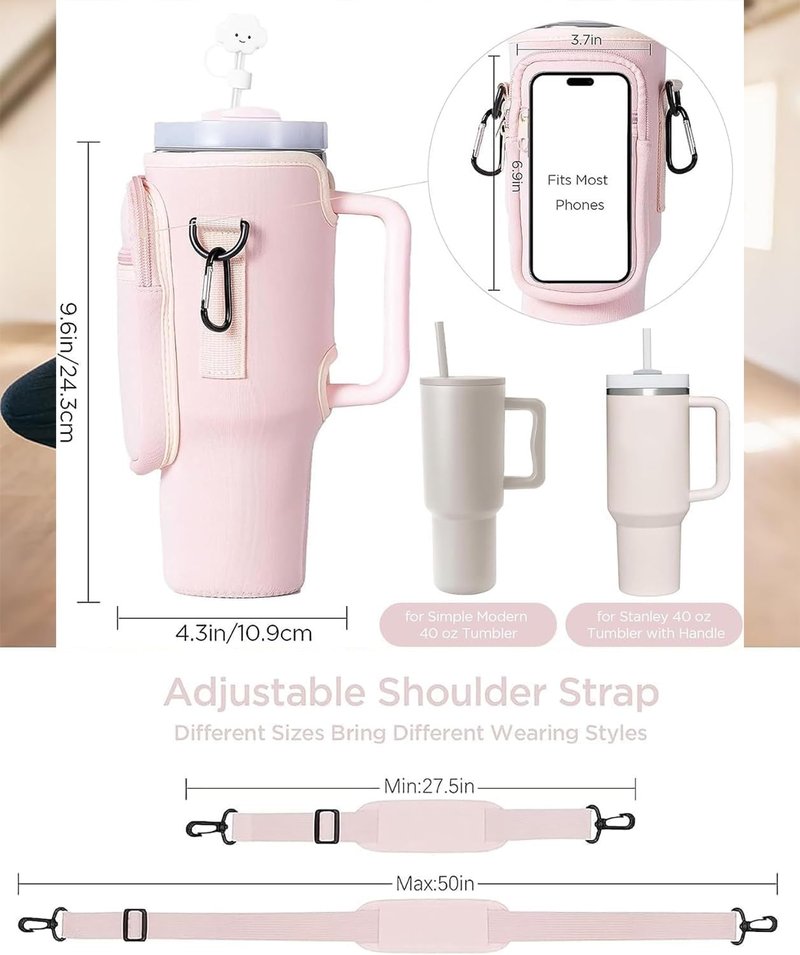 AFIAFTY Water Bottle Holder with Strap, Stanley Bag/Stanley Cup Holder with Strap for Stanley Quencher H2.0 40 oz, Tumbler Accessories with Coal Ball Pendant & Carabiner, Stanley Cup Accessories