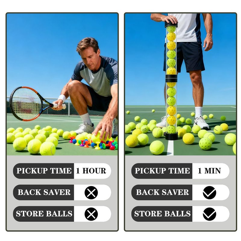 OLISDCCMY Pickleball Ball Retriever - 2-Section Foldable Pickup Tube with Shoulder Strap, Semi-Transparent Tube Holds 14 Balls, No Bend Ball Pickup Tool for Tennis & Pickleball Training