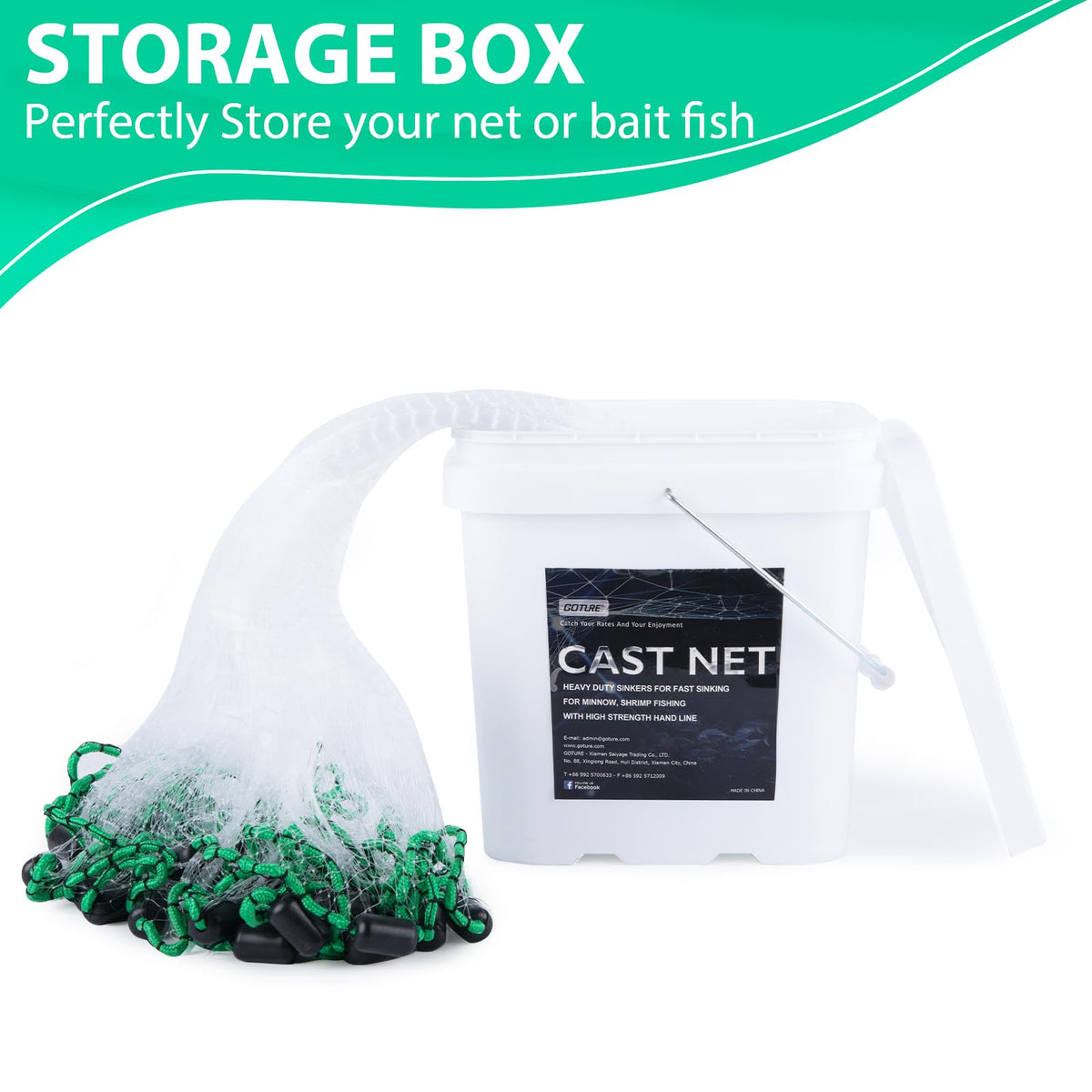 Goture American Fishing Cast Net Saltwater Freshwater, 3/8inch 1/4in Mesh Size Casting Net for Bait Fish Shrimp Trap, Black Sinkers, 3ft/4ft/5ft/6ft/8ft/10ft Radius Throw Cast Net with Needle