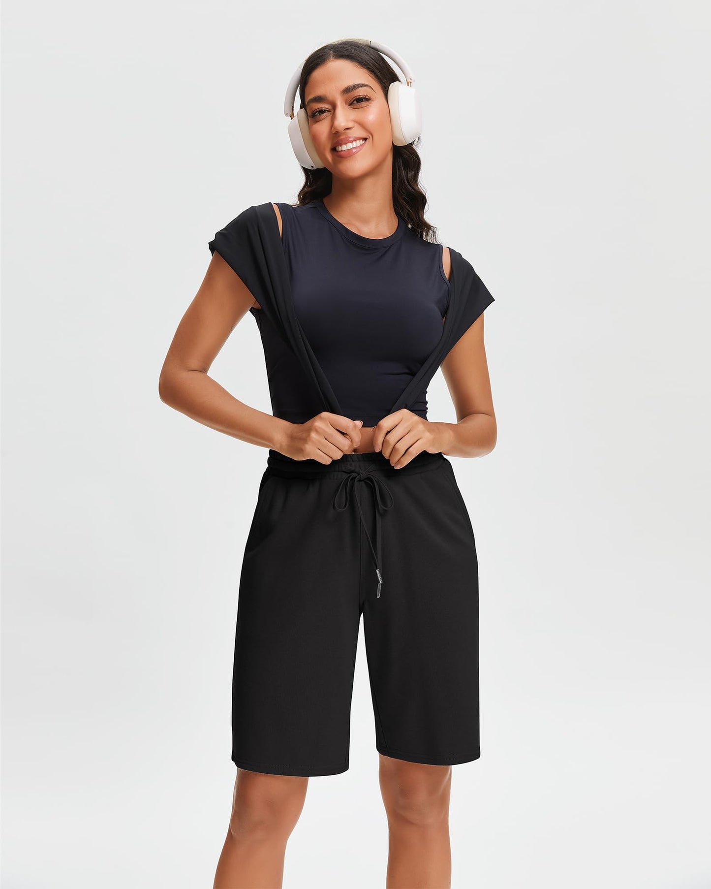 Stelle Women's Cotton Bermuda Shorts 10" Long Knee Length Comfy Sweat Shorts with Deep Pockets Lounge Casual Summer (Black, XL)