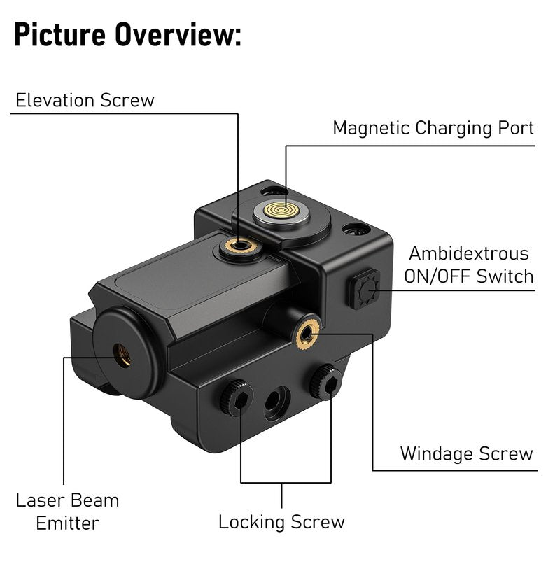 EZshoot Compact Low Profile Gun Laser, Magnetic Charging Red Laser Sight for Pistol Compatible with 20MM Rail and Ambidextrous ON/Off Switch