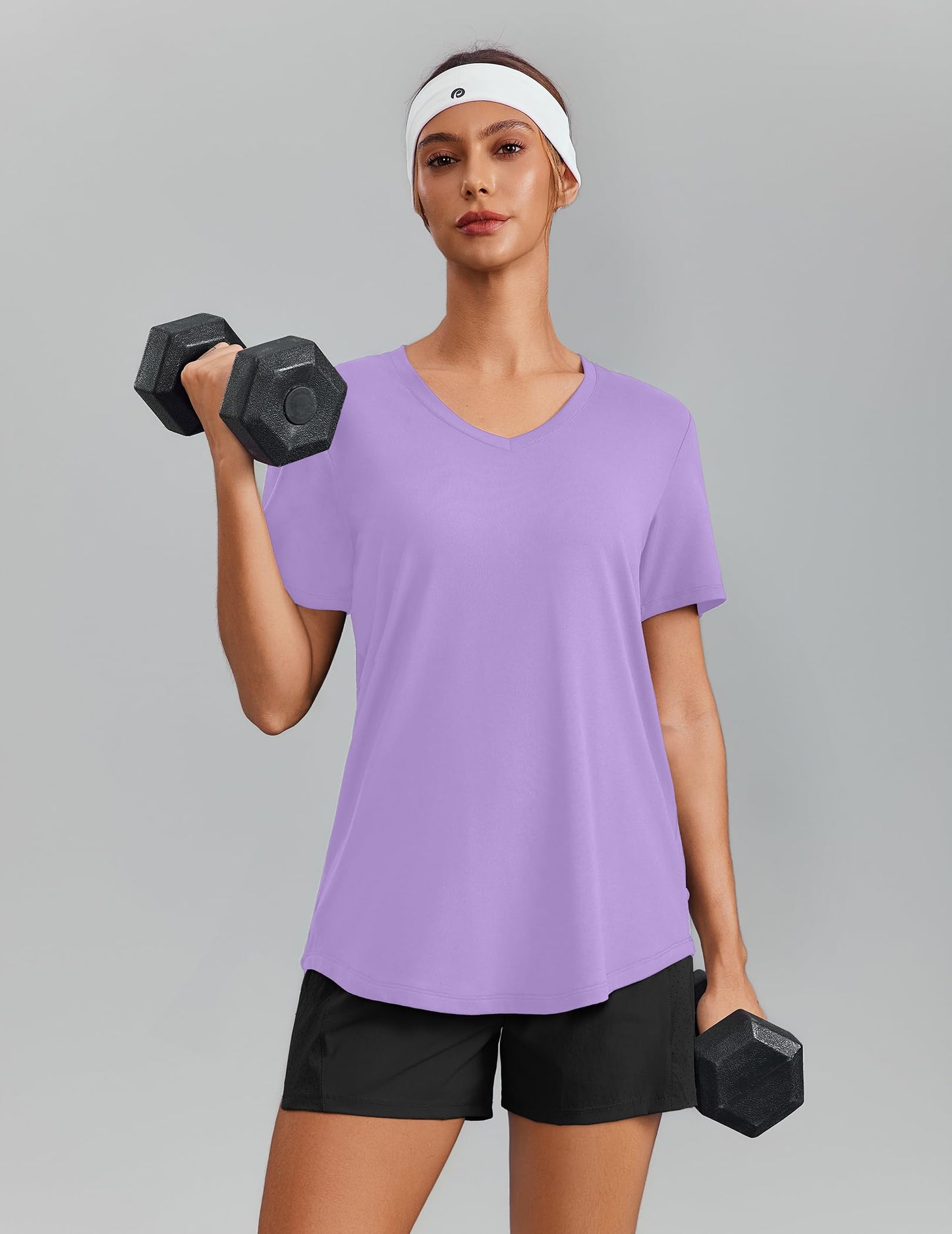PINSPARK Hiking Shirts for Women UPF 50 Sun Protection Short Sleeve V Neck Moisture Wicking Quick Dry Outdoor Athletic Tops,Lavender Medium