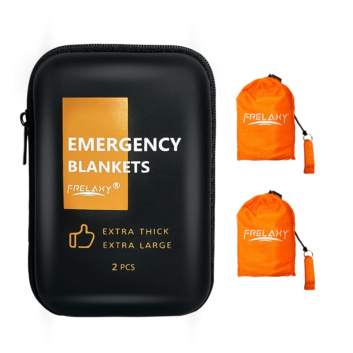 Frelaxy Emergency Blanket 2-Pack/4-Pack, Extra-Thick Extra-Large Space Blankets with Whistles, Storage Pouchs, and EVA case