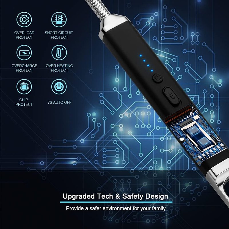 Rechargeable USB Arc Lighter - 360° Flexible Neck Flameless Design for Grilling, Camping & Cooking | Black