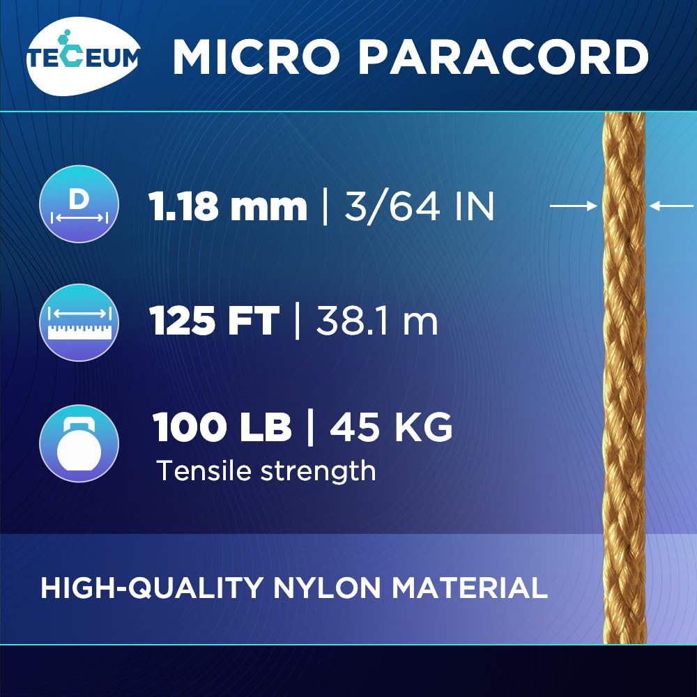 TECEUM Micro Paracord – Honey Gold – 1.18 mm x 125 ft – Micro Utility Cord – Thin Braided Paracord Rope Nylon Polyester – Wind Chime Replacement – Survival Strong String 089c