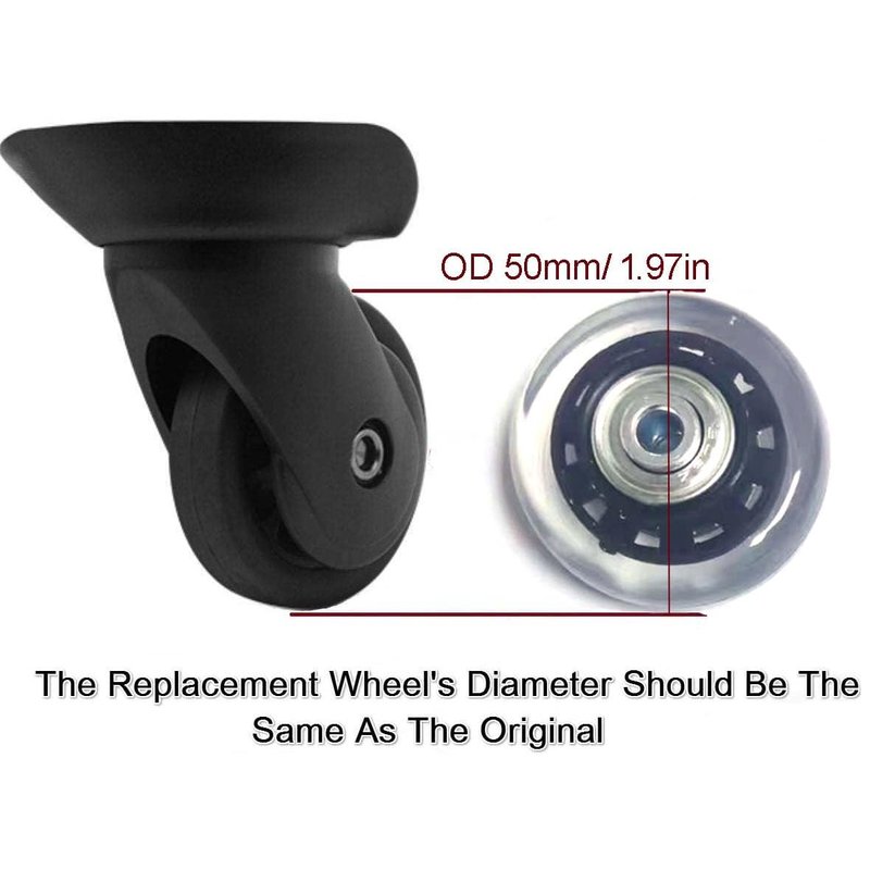 LOTOWELZON 4Pcs Set Luggage Replacement Wheels 50mm with 6mm(0.24") Bearings Repair Kits ABEC 608zz for Suitcase and Inline Outdoor Skate and Caster Board (Black&Clear, OD50*THK18mm/1.97"*0.7")