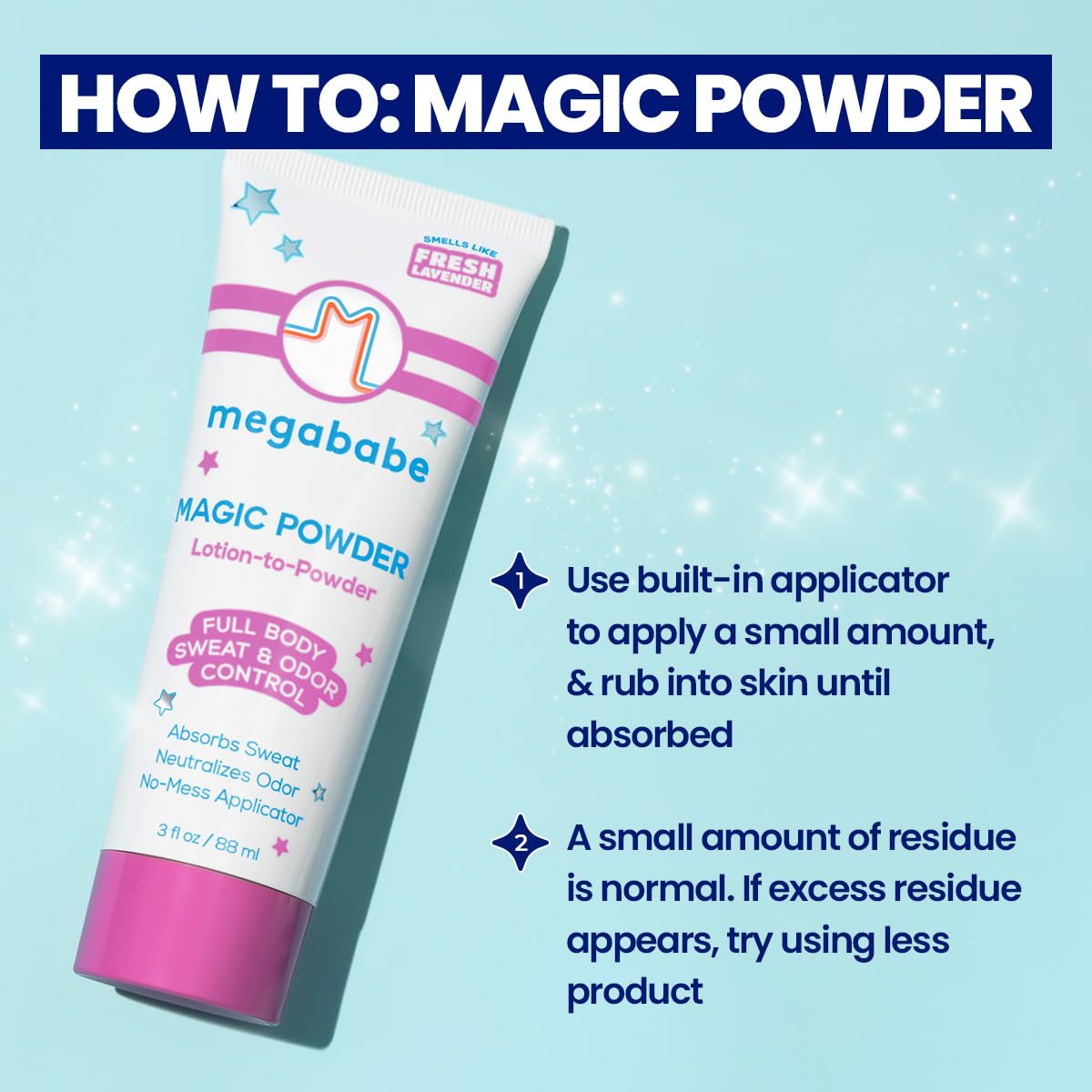 Megababe Sweat & Odor Absorbing Lotion - Magic Powder Stay-Dry Lotion to Powder | Summer and Hot Weather Essential | Aluminum-Free, Talc-Free | 3 fl oz