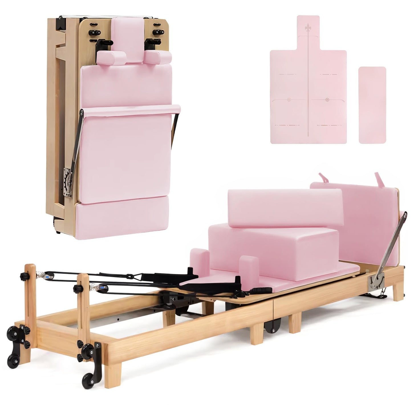 Folding Pilates Reformer Machine-Home Pilates Reformer Wooden Yoga Fitness Equipment Pilates Reformer Workout Machine for Home Gym with Reformer Accessories, Pilates Reformer Box (Pink)