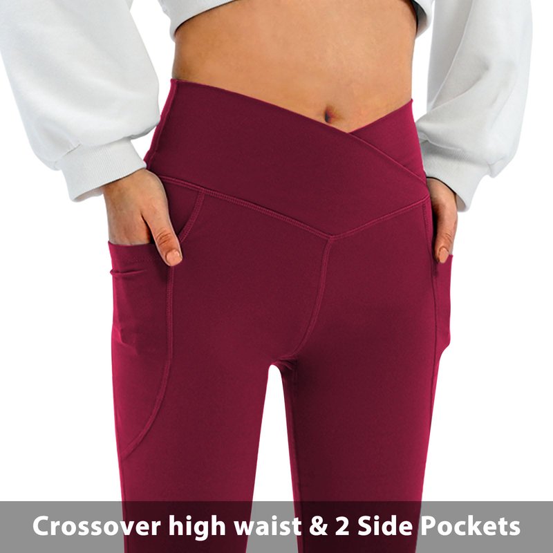 DLOODA Women's Flare Leggings with Pockets Crossover High Waisted Bootcut Yoga Pants Tummy Control Bell Bottom Leggings Burgundy 0M