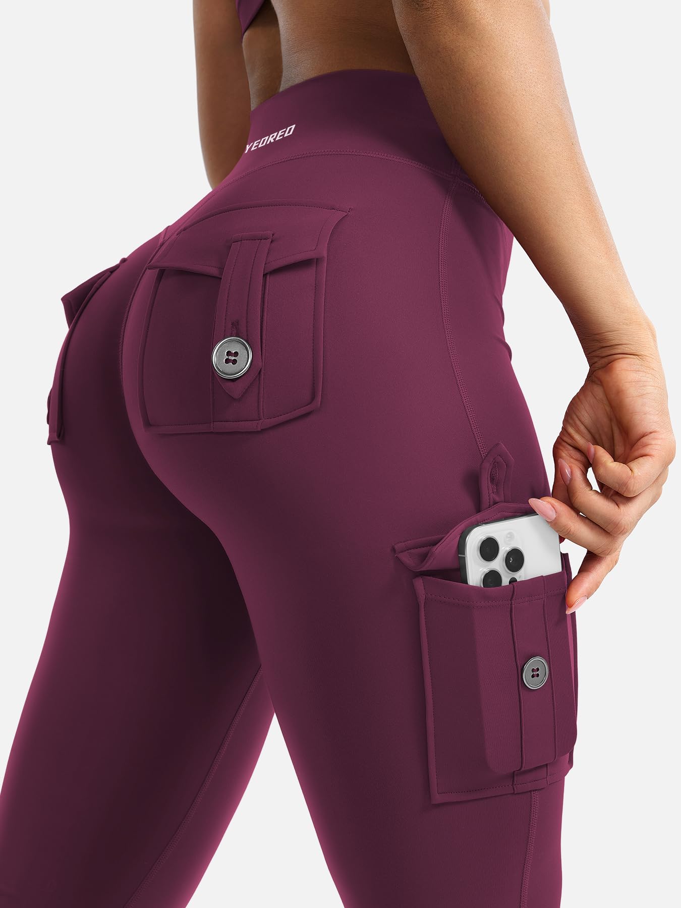 YEOREO CoreFlex Women Workout Flare Leggings with Pockets Hidden Scrunch High Waisted Cargo Gym Yoga Leggings Deep Cherry Red S