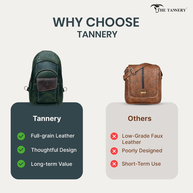 The Tannery Handmade Buffalo Leather Multipurpose Travel Hiking Crossbody Chest Backpack with Adjustable Shoulder Strap - Large