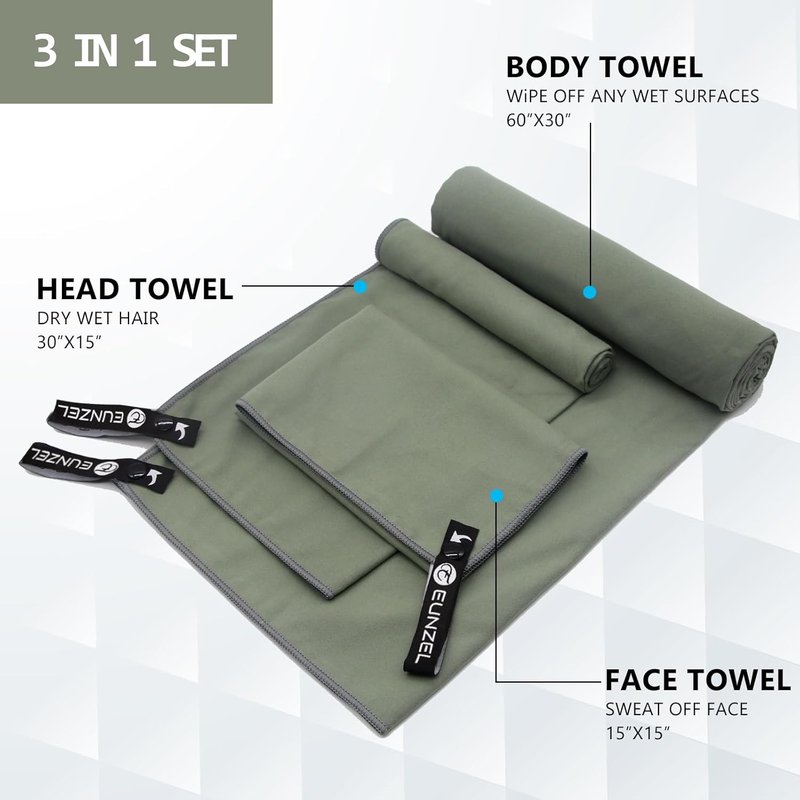 Quick Dry Camping Towel - Microfiber Travel Towel Set | Fast Drying, 3 Sizes, Army Green
