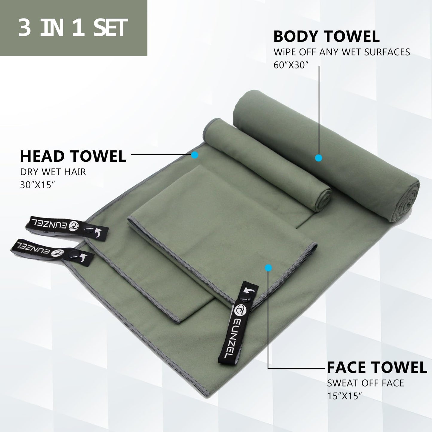 Eunzel Quick Dry Camping Towel, Microfiber Travel Towel 3 Size at 1 Pack,Fast Drying Towel Set for Camping, Beach, Gym, Sports, Yoga & Swimming Pool