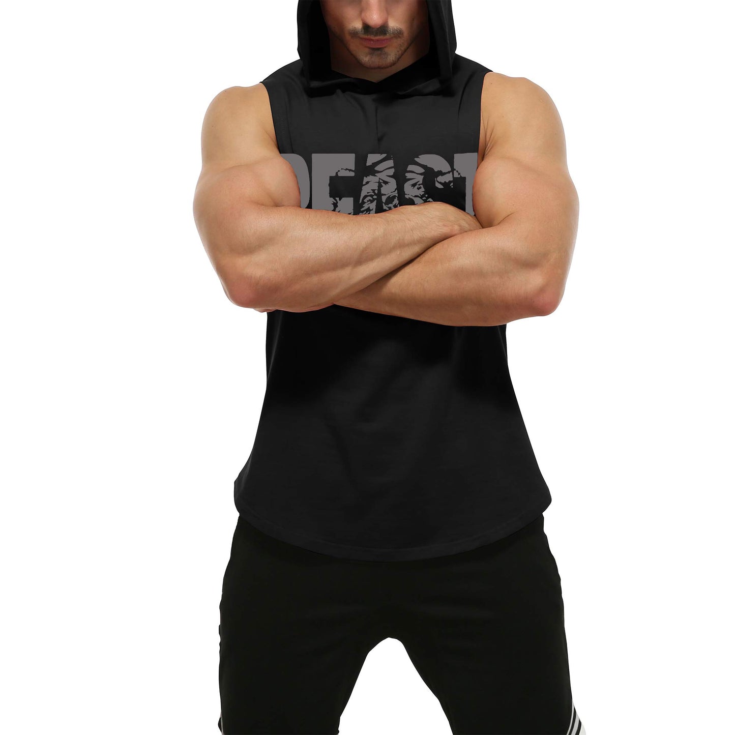 GYM REVOLUTION Men's Beast Workout Sleeveless Shirts Muscle Hooded Tank Gym Fitness Quick Dry Sleeveless Hoodies Black L