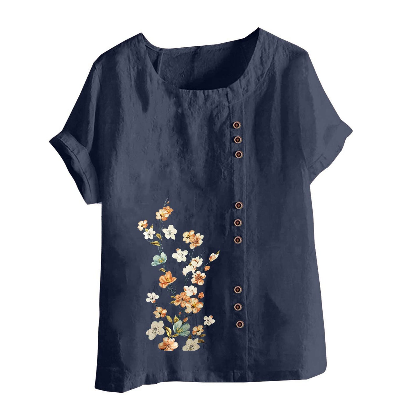 Womens Cotton Linen Short Sleeve Tops Casual Crew Neck T Shirts Embroidered Blouse Plus Size Loose Fit Summer Tunics