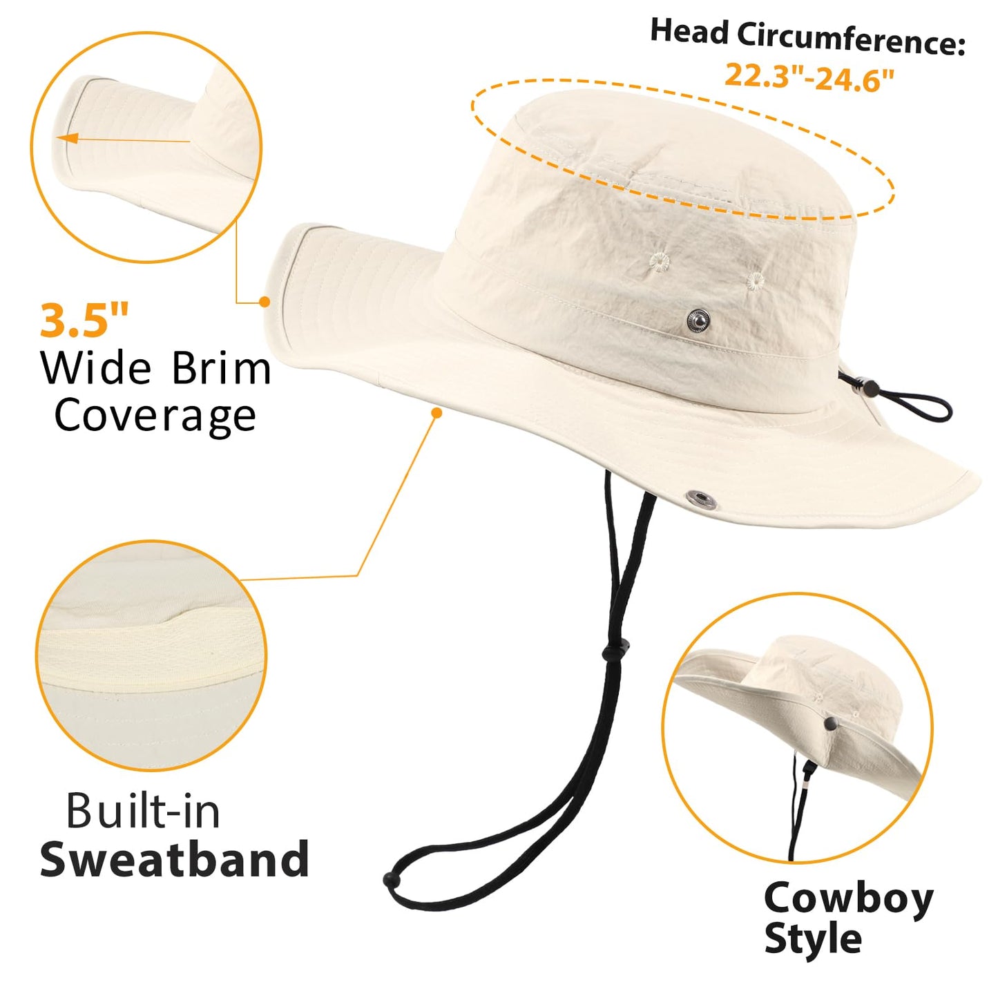 Women’s Sun Hat with Hidden Ponytail Opening, Wide Brim UPF 50+ Waterproof Nylon Bucket Rain Hat with Removable Chin Strap for Outdoor