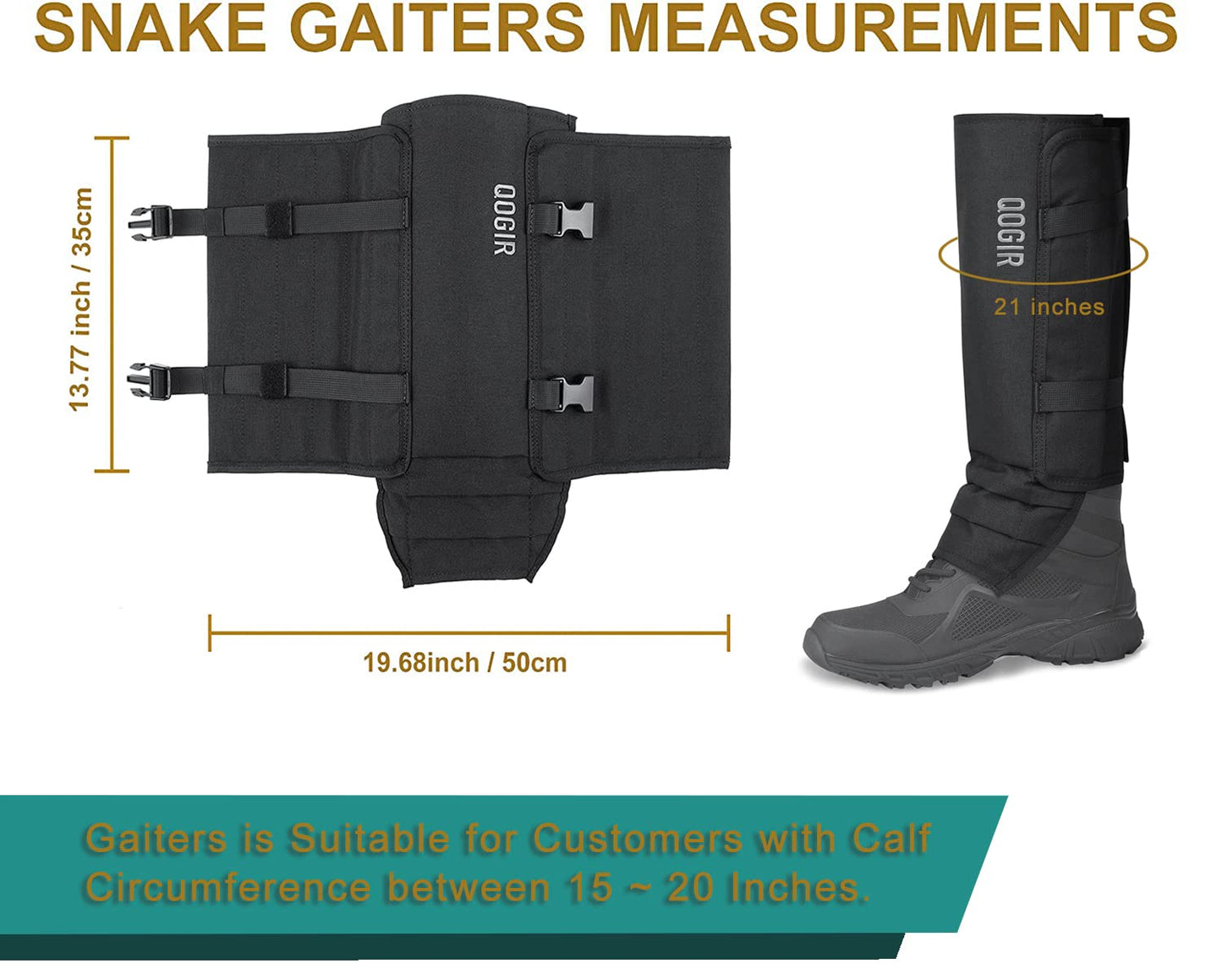 QOGIR Snake Gaiters for Hunting: Durable Snake Guards, Snake Gaiter Leggings for Men & Women, Snake Bite Protection for Lower Legs, Snake Proof Gaiters with Adjustable Size(Black)