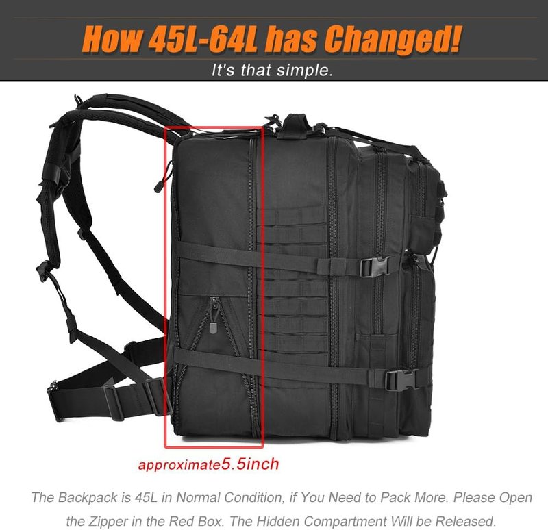 Tactical Backpack - 64L Military Molle Bag for Hiking | Black Durable Design