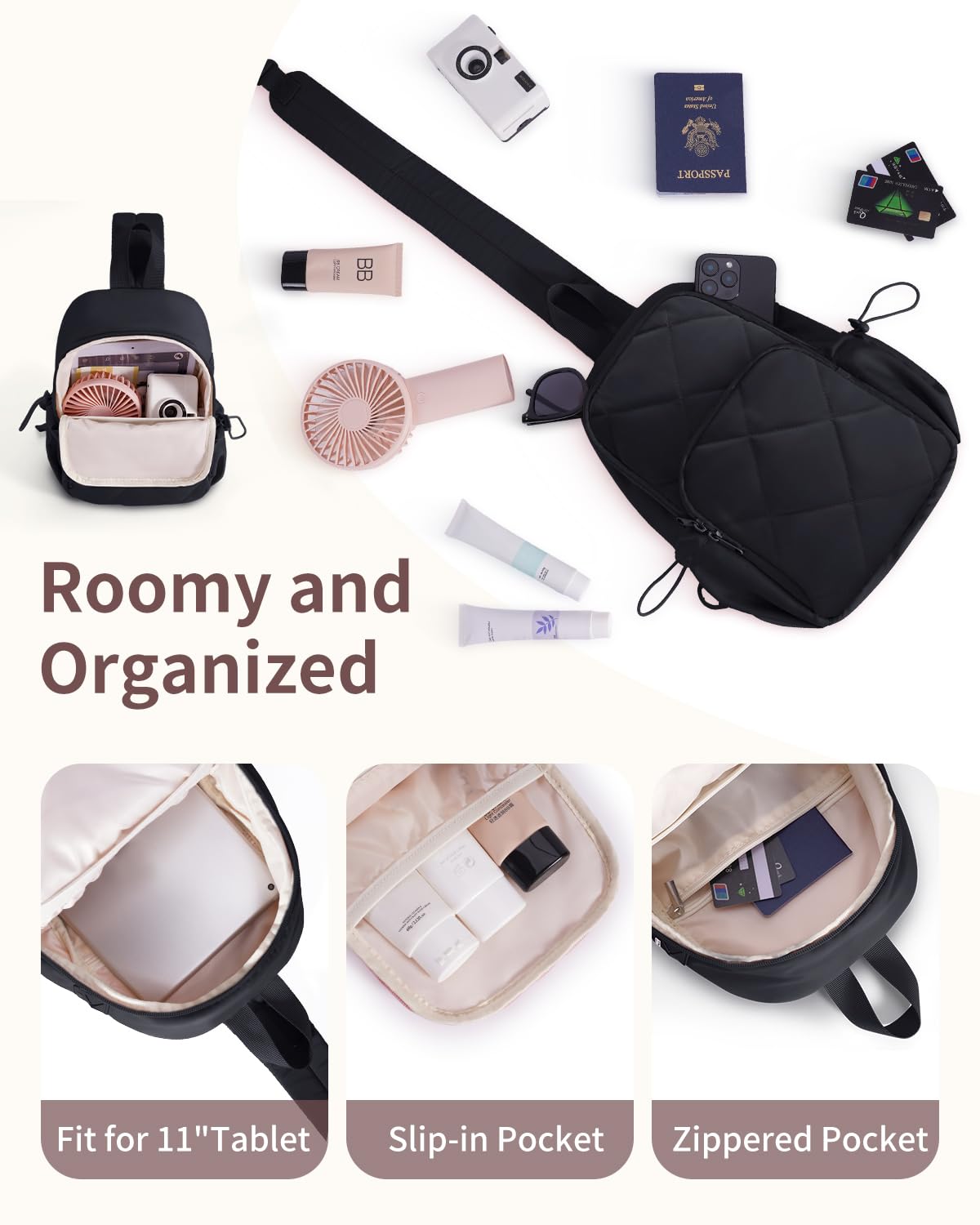 Wandering Nature Sling Bag for Women Lightweight Quilted Crossbody Bag Fits for 11" Tablet with Breathable Back Panel Anti Theft Pocket Padded Strap USB Charge Port, Ideal for Travel, Daily Use