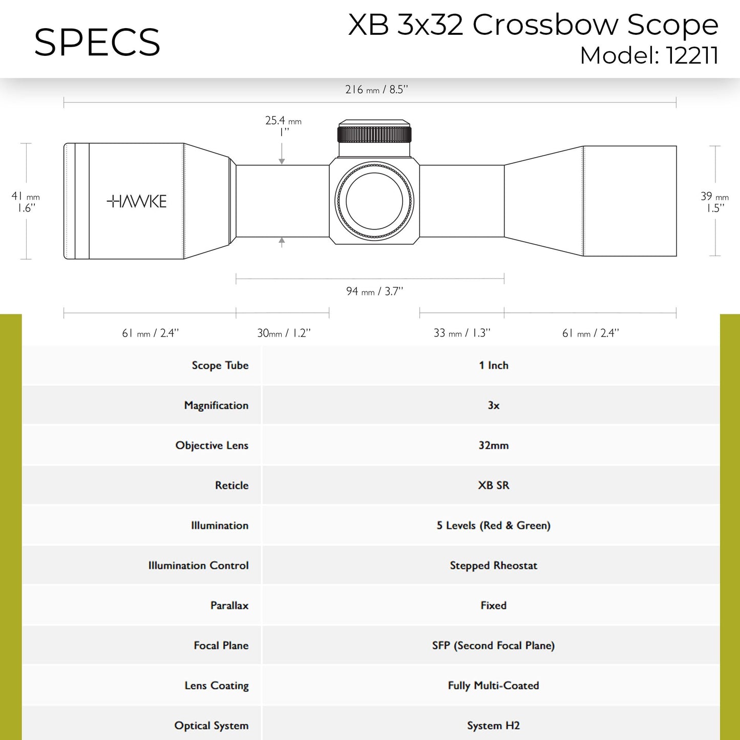 HAWKE XB 3x32 Crossbow Scope | Lightweight Illuminated Hunting Optic Calibrated for 340fps | Fully Multi-Coated Lenses, Capped Turrets, Waterproof Fogproof Shockproof 1" Tube, XB SR Reticle (12211)