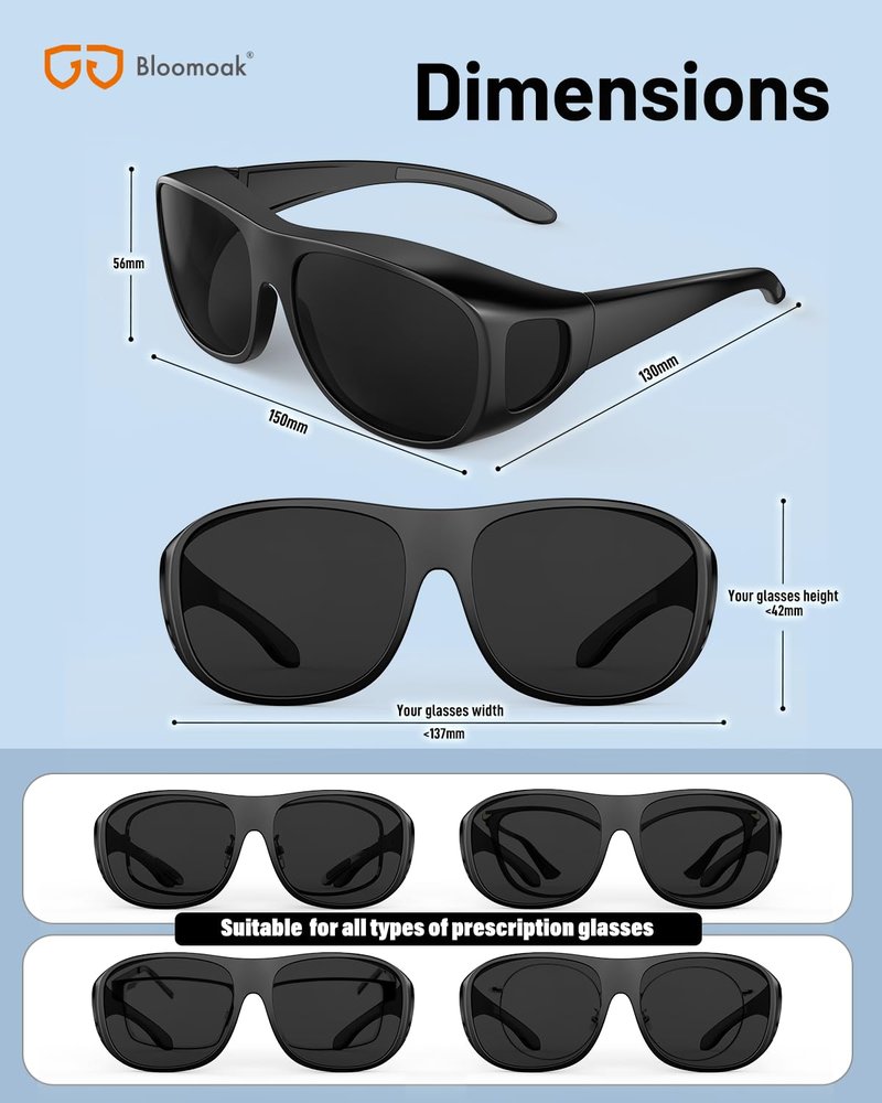 Bloomoak Super Dark Polarized Fit Over Wraparound XL Big Sunglasses CAT 4 Dark Photophobia|Cataract Sunglasses | Extra Large 150mm