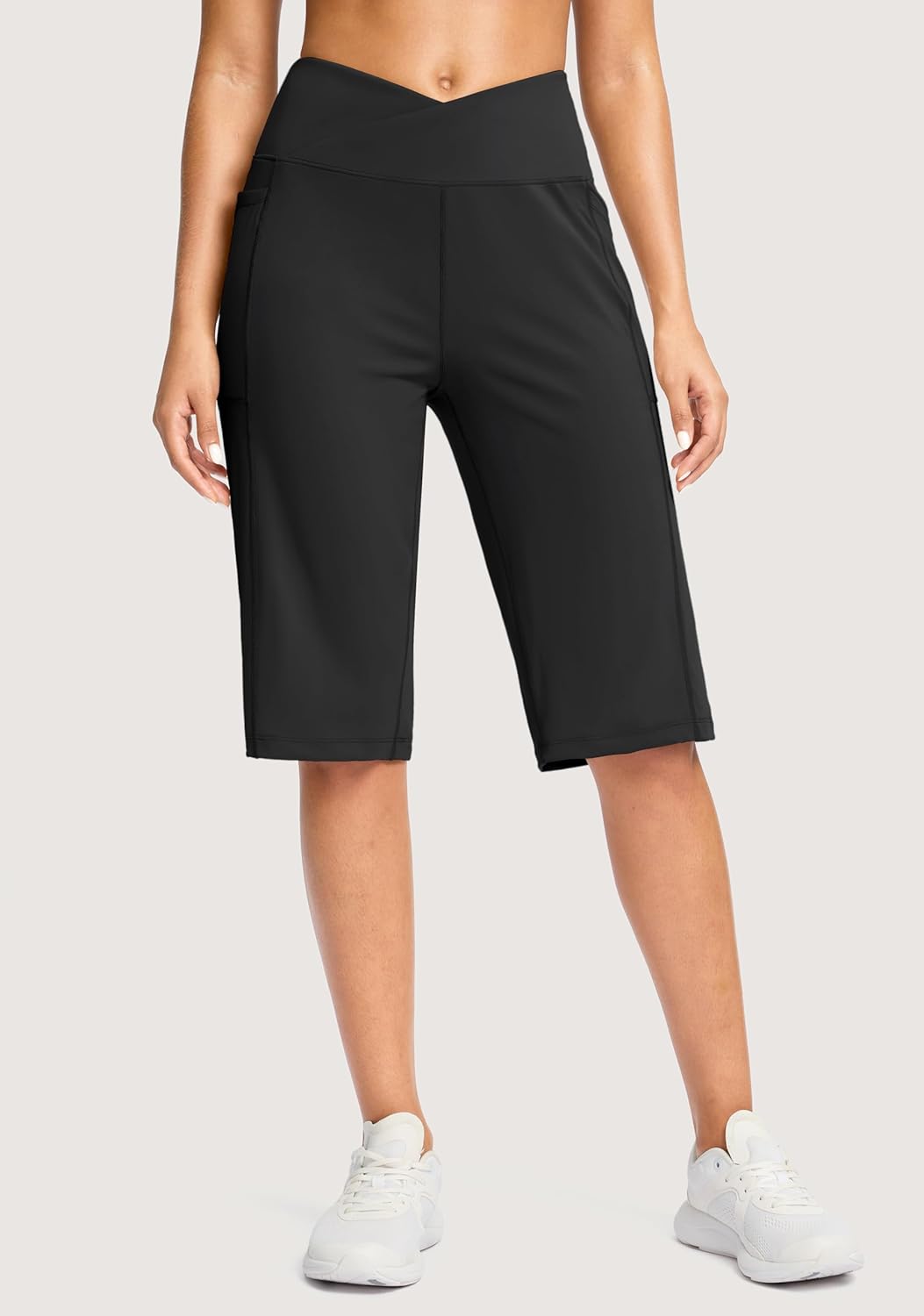 Women's High Waisted Bermuda Athletic Shorts - 14" Knee Length, Stretch Fabric, Pockets | Casual Summer Wear