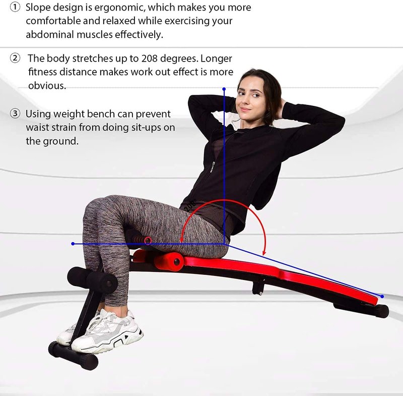 Zimbala Sit Up Bench - Adjustable Utility Slant Board with Reserve Crunch Handle, Abdominal Training Workout Bench for Home Gym (Red)