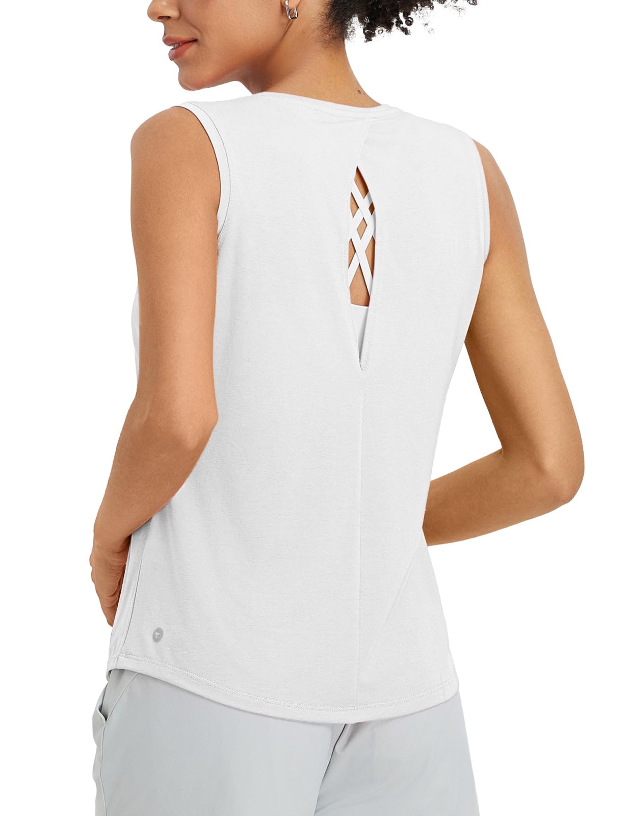 baleaf Women's Workout Tank Tops High Neck Sleeveless Shirts Open Back Yoga Top Running Loose Fit Athletic Gym White L