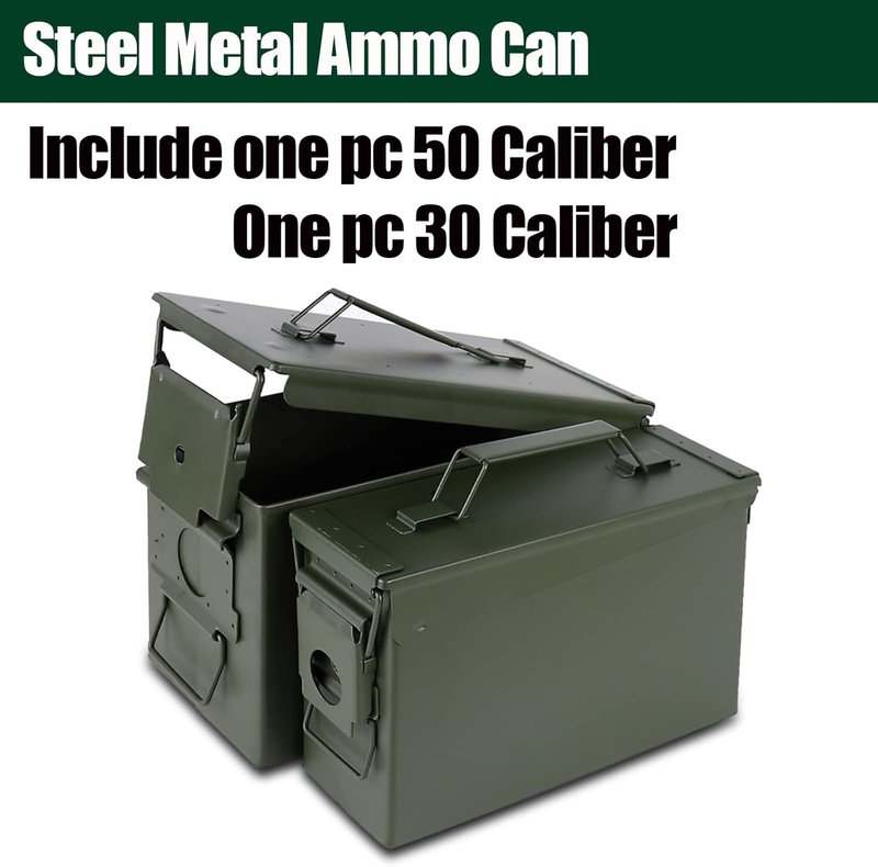 Steel Ammo Can Case Set - 30 Cal & 50 Cal Military Storage Box for Shotgun, Rifle & Nerf Gun Ammo | Durable Flip Top Design